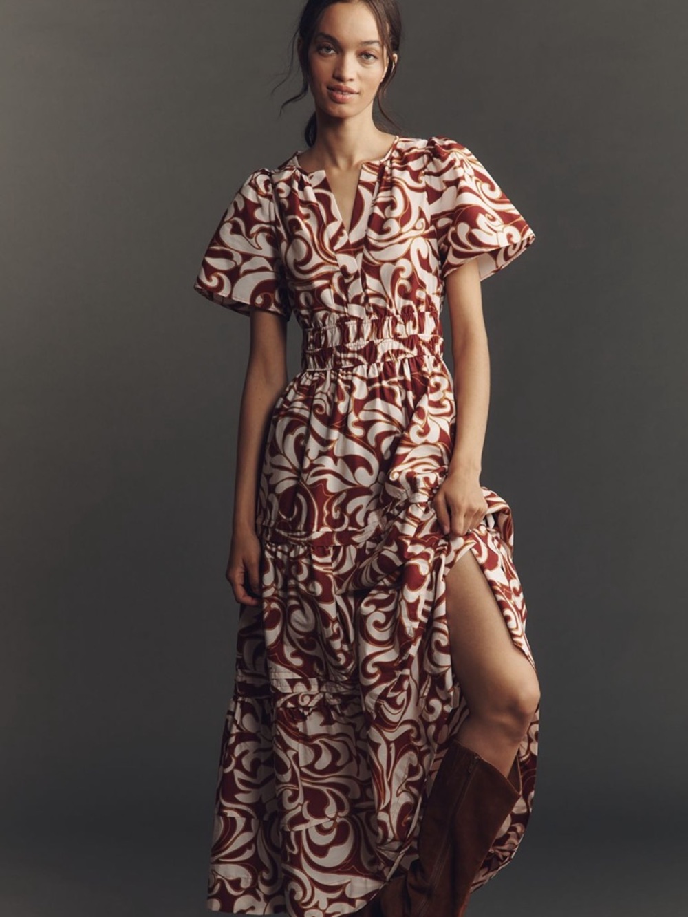 NWT Anthro Somerset Cream & Burgundy Smocked Waist Flutter-Sleeve Maxi Dress